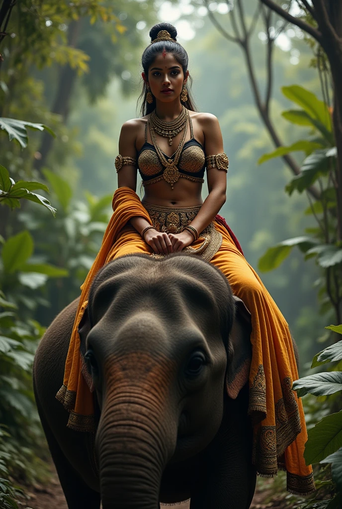 Indian girl walking naked in the forest. Red sari, walking with elephant. Detail body details, detail trees, detail nature.