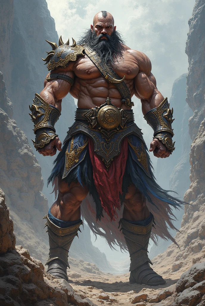 Sculpted hero, upper body uncovered, legs exposed from thighs to feet, bearded with beaded facial hair, luxuriant long curls, intricate muscularity, photorealistic portrayal, 4K resolution. Background: Epic battlefield with ancient ruins.,32k uhd, best quality, masterpiece, super detail, high details