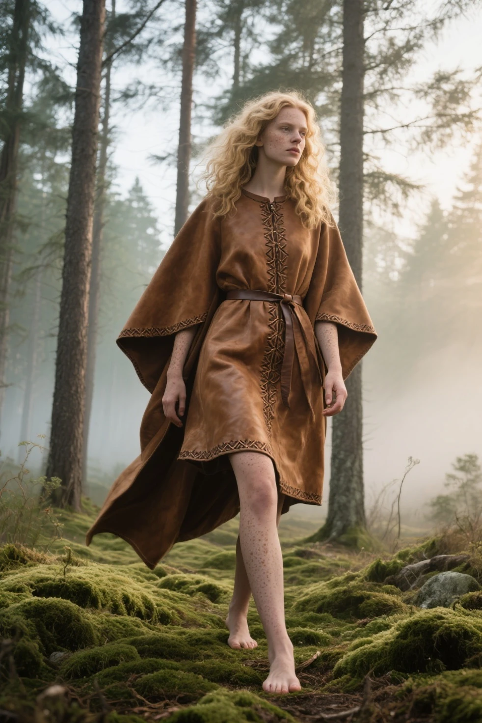 (medium full shot) of (wild cavewoman) young woman, Average body, pale skin, short red hair, wearing a pelt one-shoulder fur wrap, woven grass loincloth, woven grass shoes, fur pelt belt, set in a dark forest, with towering pines, whispering winds, rustling leaves, a sense of hidden danger, at dusk, woman smiling, Masterpiece,best quality, photo, realistic, very aesthetic, detailed face,
