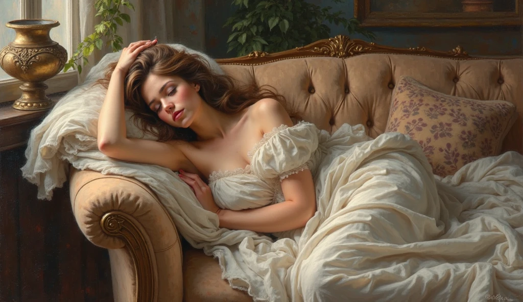 Oil painting on canvas, A languid lady modestly lies on the sofa with her eyes closed, languid pose, natural colors, ???? genre, detail