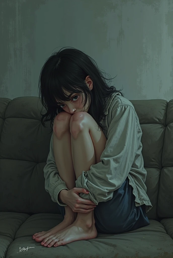 A depressing and sad anime image could depict a young man sitting alone in a dark, untidy room. The dim lighting, coming from a small bedside lamp, casts long, melancholy shadows around the room. The girl is dressed in simple, worn-out clothes, and his eyes are half-closed, reflecting deep sadness. Tears run down your face, and she holds a crumpled photo of a lost loved one. No fundo, a window with bars shows a cloudy, gray sky, suggesting an oppressive and desolate environment. The floor is covered in scattered papers and objects., indicating disorder and abandonment. The predominant color palette is cold and somber tones., como azul, gray and black, to intensify the feeling of sadness and despair.