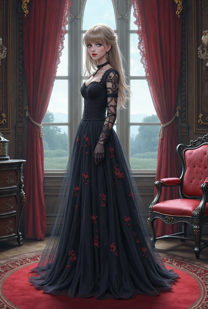 Dark fantasy art, fantasy art, goth art, a picture of a female vampire, exquisite beauty, full body shot, dark glamour shot, pale white skin, dark blond hair, long hair, wavy hair, (grey: 1.3) eyes, she wears a (red: 1.5) dress, ArmoredDress, the dress is decorated with (black: 1.5) roses, betmd, high heels, dark castle background,