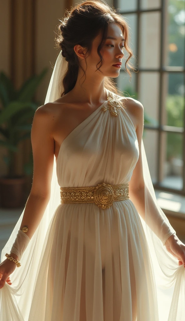 Greek goddess of hearth and fire, with ((dark red hair)) and ((dark red eyes)), is fair-skinned, (wears a torn long white greek toga and a torn white veil, ultra huge tits, realistic nipples), looks mysterious and beautiful, inside of an ancient greek temple, "holy fire of vesta", Greek mythology, sacred atmosphere, photorealistic, super high quality, super detail, ultra accurate description of hands, masterpiece, 8K, HDR
