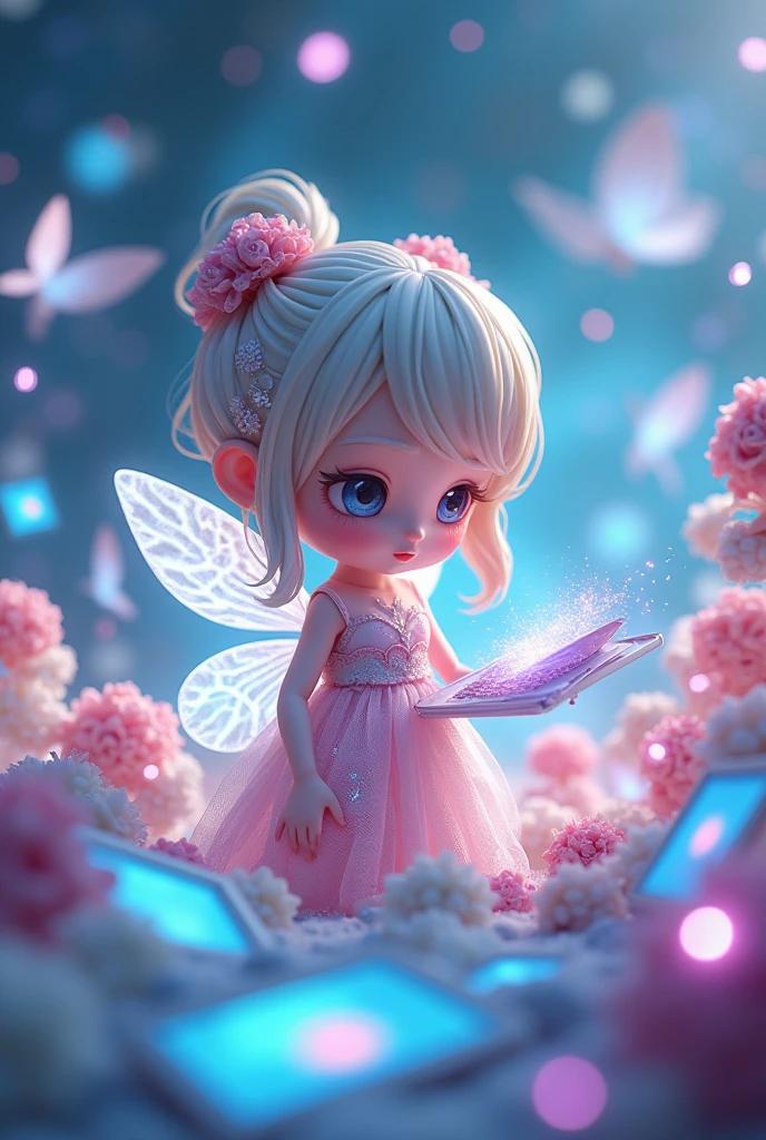 (masterpiece, best quality:1.2), 1girl, solo, Anime-style images, 3D model style pattern, hentaiAnime-style images, Chibi fairy girl compiling digital reports, Summary article, chibi fairy girl organizing digital-style articles, a number of digital articles are floating, digital fantasy background
