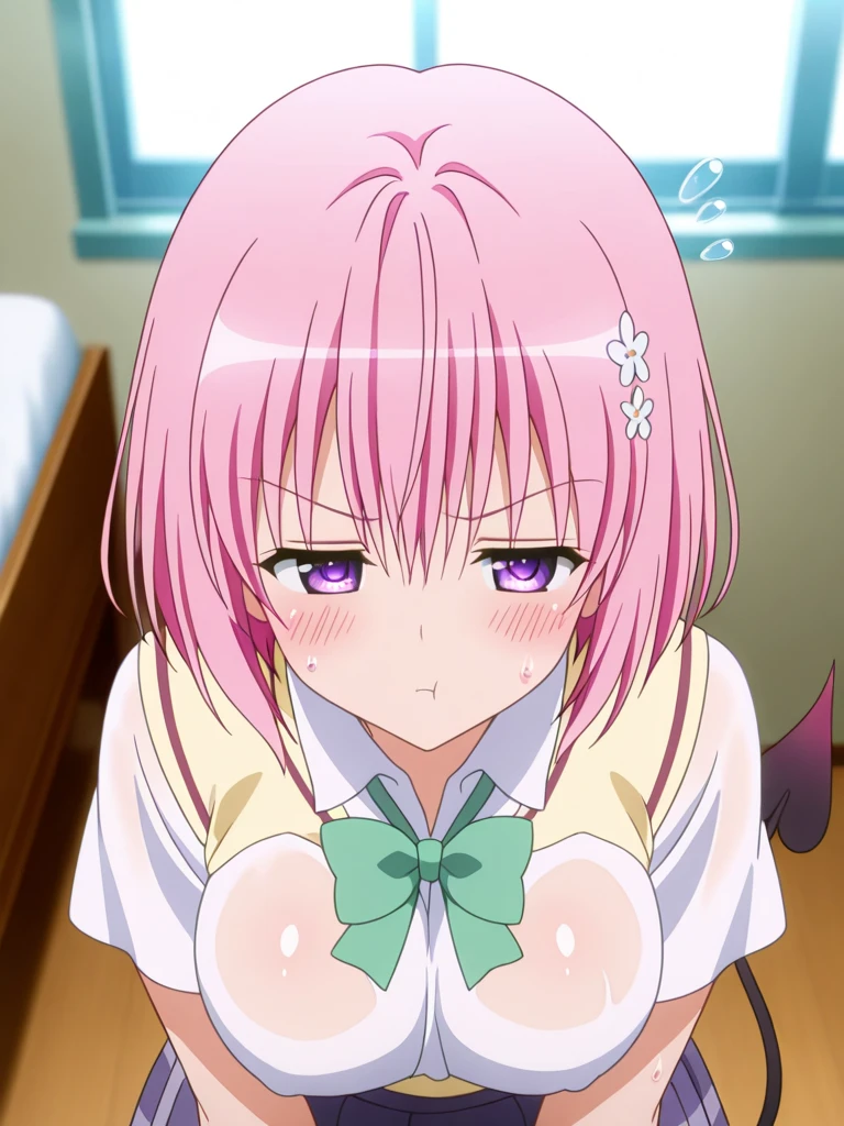 Momo Belia Deviluke, PH Momo, maternal, Fumomo, alone, 1 girl, pink hair, purple eyes, short hair, hair flower, sweater vest, ,(yellow sweater:1.2), Big eyes, plaid skirt, black stockings, (masterpiece:1.2, highest quality), (Beautiful detailed eyes: 1.2), (beautiful and detailed face), (sharp facial hair between the eyes, classroom, (More about white panties, camel toe), 12 years old, I will polish, transparent panties, (((lift shirt, good))),