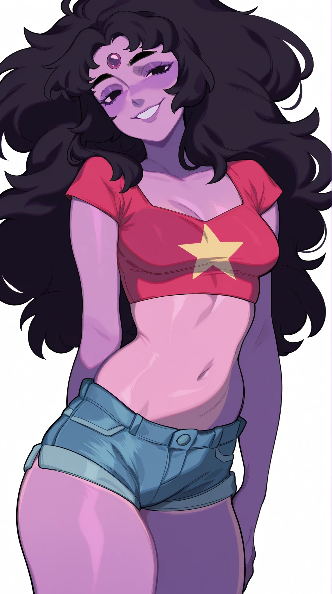 <lora:eatsleep111SDXL:1>, best quality, masterpiece, eatsleep1111, stevonnie (steven universe), 1girl, medium breasts, tan, white background, simple background, long hair, midriff, denim shorts, red shirt, crop top, smile, black hair, navel, short shorts, looking at viewer, black eyes, blue shorts, thick eyebrows, big hair, cropped shirt, star print, pink stomach jewel, <lora:StevonnieCharacterSDXL:1>
