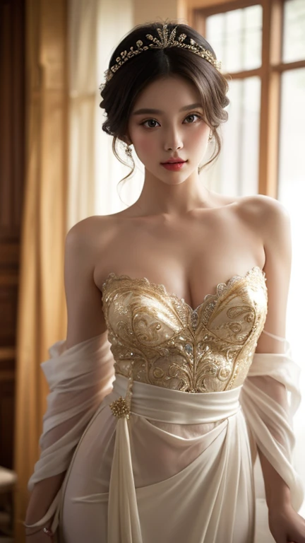 Create an image of a Chinese girl wearing a stunning and elegant dress. She should exude grace and sophistication, with her hair styled perfectly to complement the dress—either in smooth waves, an elegant updo, or a sleek style. Her eyes should be perfect, detailed, and expressive, reflecting her poise and charm.
The dress should be beautifully designed, featuring luxurious fabrics like silk or satin. It should have a flattering cut, such as a fitted bodice with a flowing skirt or a sleek, form-fitting silhouette. The dress may include intricate details like delicate embroidery, subtle embellishments, or elegant draping. The color scheme should be sophisticated, with rich, vibrant tones or soft pastels that enhance her natural beauty.
The setting should be refined and upscale, such as an elegant event space or a beautifully decorated room, to match the sophistication of her attire. The lighting should be warm and flattering, highlighting the textures and details of the dress and emphasizing her graceful presence.
Best image ever, photo-realistic, best quality, highest quality, 8k resolution, perfect image.
