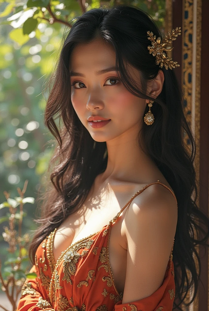 a beautiful sexy native woman, detailed facial features, long dark hair, glowing skin, exotic jewelry, detailed tribal clothing, detailed tropical jungle background, award winning photography, cinematic lighting, vibrant colors, stunning portrait