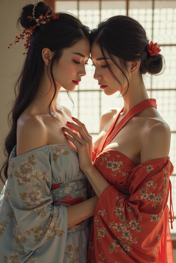A captivating scene of a Japanese shrine maiden, adorned in traditional attire with a flowing kimono and intricately designed headdress, engaged in an intimate moment with a seductive vampire. The vampire, with his piercing red eyes and fangs, embraces her passionately, his dark silhouette contrasting against the serene backdrop of the shrine. The scene is set under the soft glow of the moonlight, casting a mystical and sensual aura over the image. This erotic masterpiece, exuding both Eastern and Western influences, is rendered in high definition, with intricate details that capture every emotion and texture. This enchanting image is best viewed