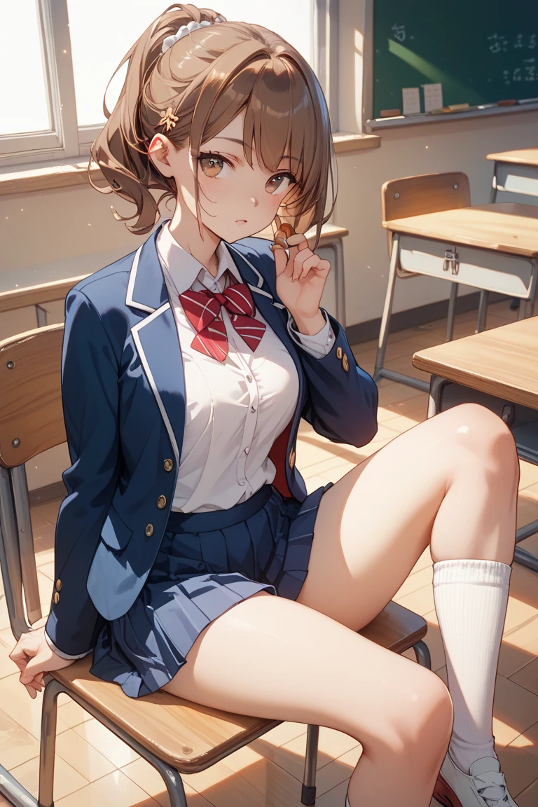 1girl, solo, long hair, , looking at viewer, blush, smile, bangs, skirt, blonde hair, brown hair, shirt, thighhighs, long sleeves, bow, brown eyes, sitting, closed mouth, , jacket, full body, white shirt, braid, thighs, pleated skirt, collared shirt, indoors, bowtie, red bow, feet, white thighhighs, lips, legs, parted bangs, plaid, toes, plaid skirt, no shoes, blazer, blue jacket, red bowtie, knees up, on floor, chalkboard, asuna \(sao\)