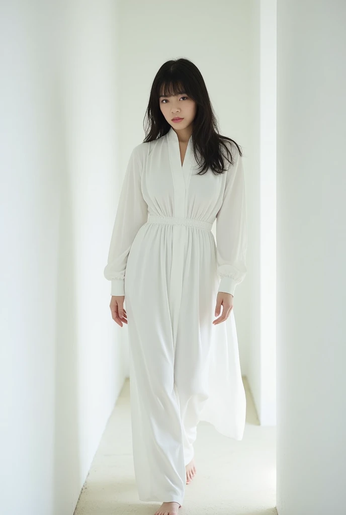 a girl wearing white hijab, asian girl, white shirt, full body