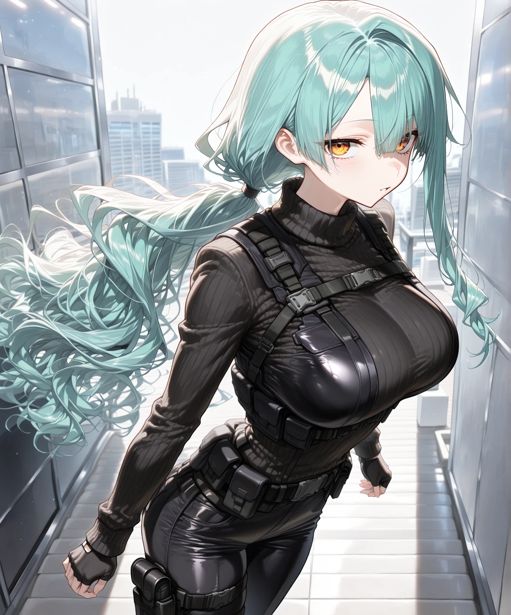 Slightly happy, Short hair, (((white hair))), ((white hair with ((blue tips)))), blue dye, (((((green eyes))))), ((small breasts)), arms behind back, (((latex Bodysuit, bondage, Latex, restrained, harness, arms bound))), basement, catsuit, latex, best quality, high-res, masterpiece, (((mature, woman))), (((fully clothed))), solo, 1 girl