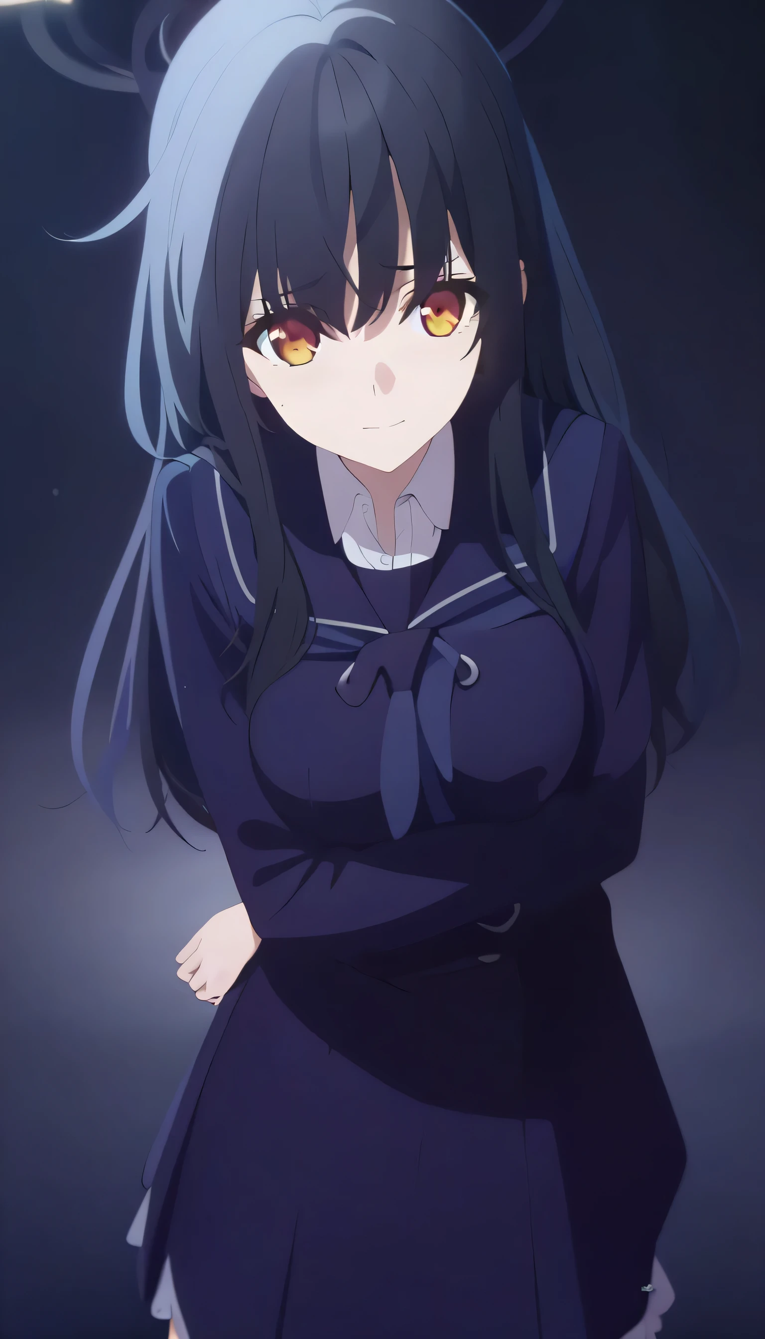 masterpiece, best quality, cg art, solo, 1girl, black hair, long hair, orange eye, medium breast, dark purple school uniform, standing, looking at viewer, shy expression, calm, composed, slight smile, pitch black background only