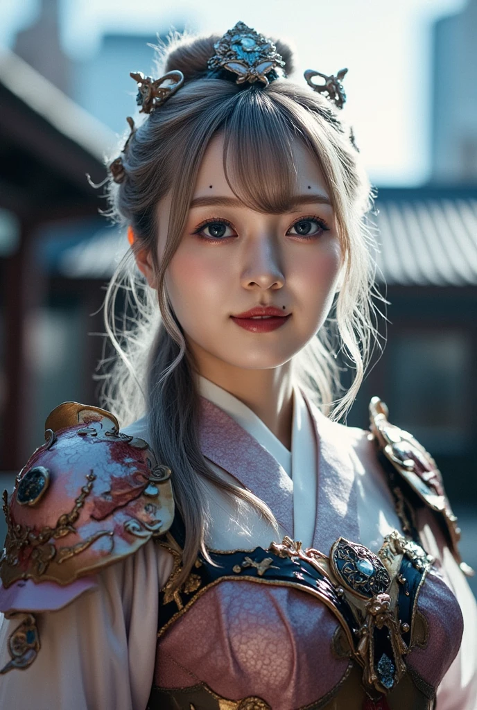 (lulingqi:0.9),realistic, 8K, (photorealistic:1.4), beautiful eyes, best quality, ultra-detailed, 1girl, photon mapping, physically-based rendering, (((looking at camera))), realistic, solo, day, glowing skin, <lora:lulingqi:1.2>, <lora:CHDoll:0.2>, (((bokeh background))), (gravure pose), silver hair, extreme close up, smile, grin, peace sign, double v,