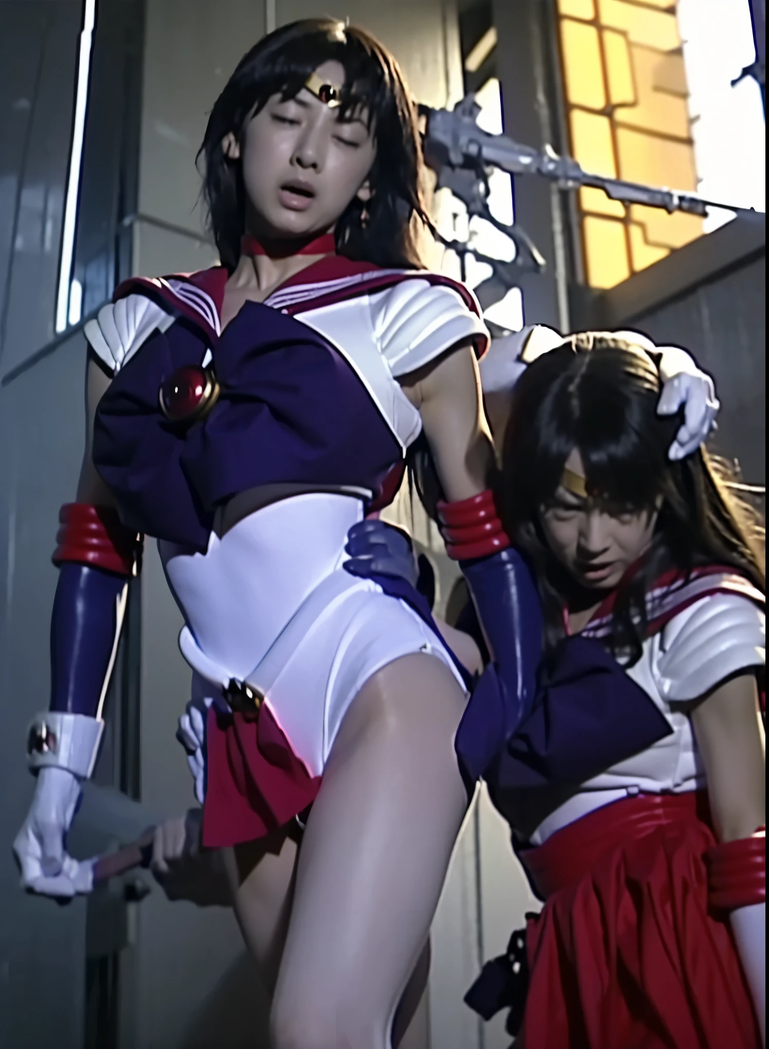 Two women in costumes posing for photo shoot, heroic fight pose, Ayami Kojima and Ride Caldwell, publicity cosplay, cosplay, heroic pose, cosplay photo, range murata and Artgerm, Atsuko Kudo wearing latex costume, Sailor Moon's Sakimi-chan HDRI, Fiona's classic, Kinu Nishimura, butt emphasis, big ass, waist constriction, beautiful ass