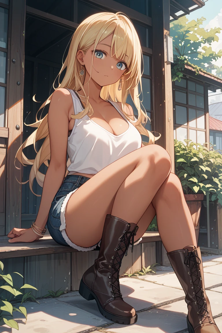 1German upper class,tomboy,cute,glamorous,young virgin lady,Blonde intake,long hair,emerald eyes.tsurime,The background is garden,Jeans with bulging sides,tank top,Leather boots,1940s