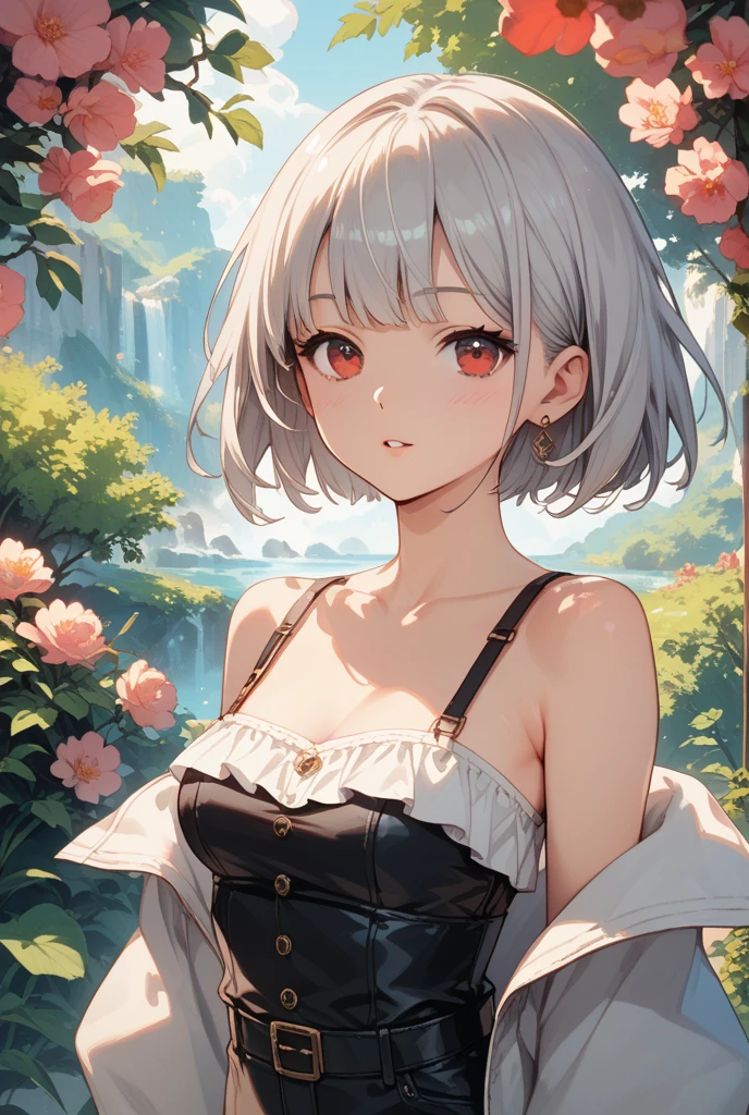 (Highest quality, High resolution, Very detailed), Silver Hair, Super short hair, Reddish brown eyes, white maxi dress, lace thong, Large Breasts, 24th generation, Beautiful woman, mature, quiet, Calm, A small smile, Garden, fountain,