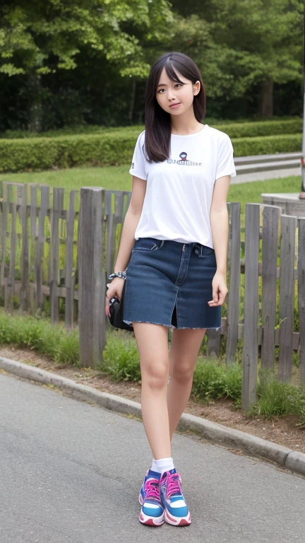 20yr old、a miniskirt、White T-shirt、legs are long、the woods、with light glowing。a smile。