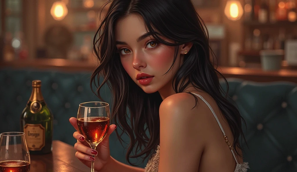 (photorealism:1.2), beautiful woman, chubby, fair, intoxicated look at bar, drinking, classy dress, relaxed pose, realistic, intricate details, drinking bar, bright lights