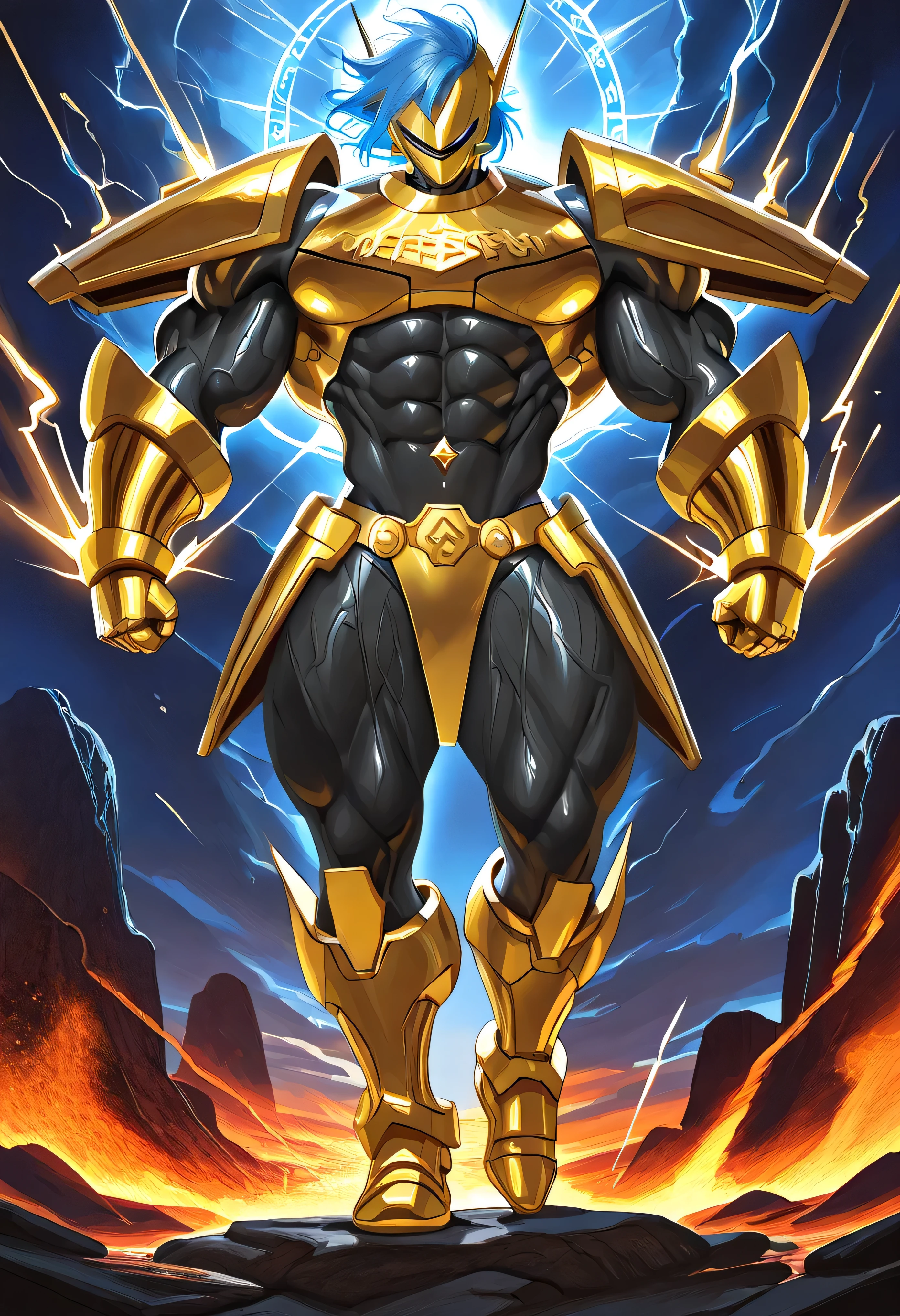 “A powerful female warrior inspired by Magnamon, reimagined with sleek golden chrome armor adapted into a stylized battle bikini—highlighting her hyper-muscular physique, with deeply defined abs, large biceps, and heroic proportions. Her skin has a warm glow from reflected light, contrasting with the metallic shimmer of her armor. She stands confidently on a rocky cliffside overlooking a vast futuristic landscape—distant alien mountains, stormy skies with shafts of sunlight piercing through. Her long silver-blue hair flows dramatically in the wind. Magical energy pulses from runes beneath her feet. Full-body view, cinematic lighting, ultra-detailed skin and armor textures, painterly style inspired by Sakimichan and Artgerm.”