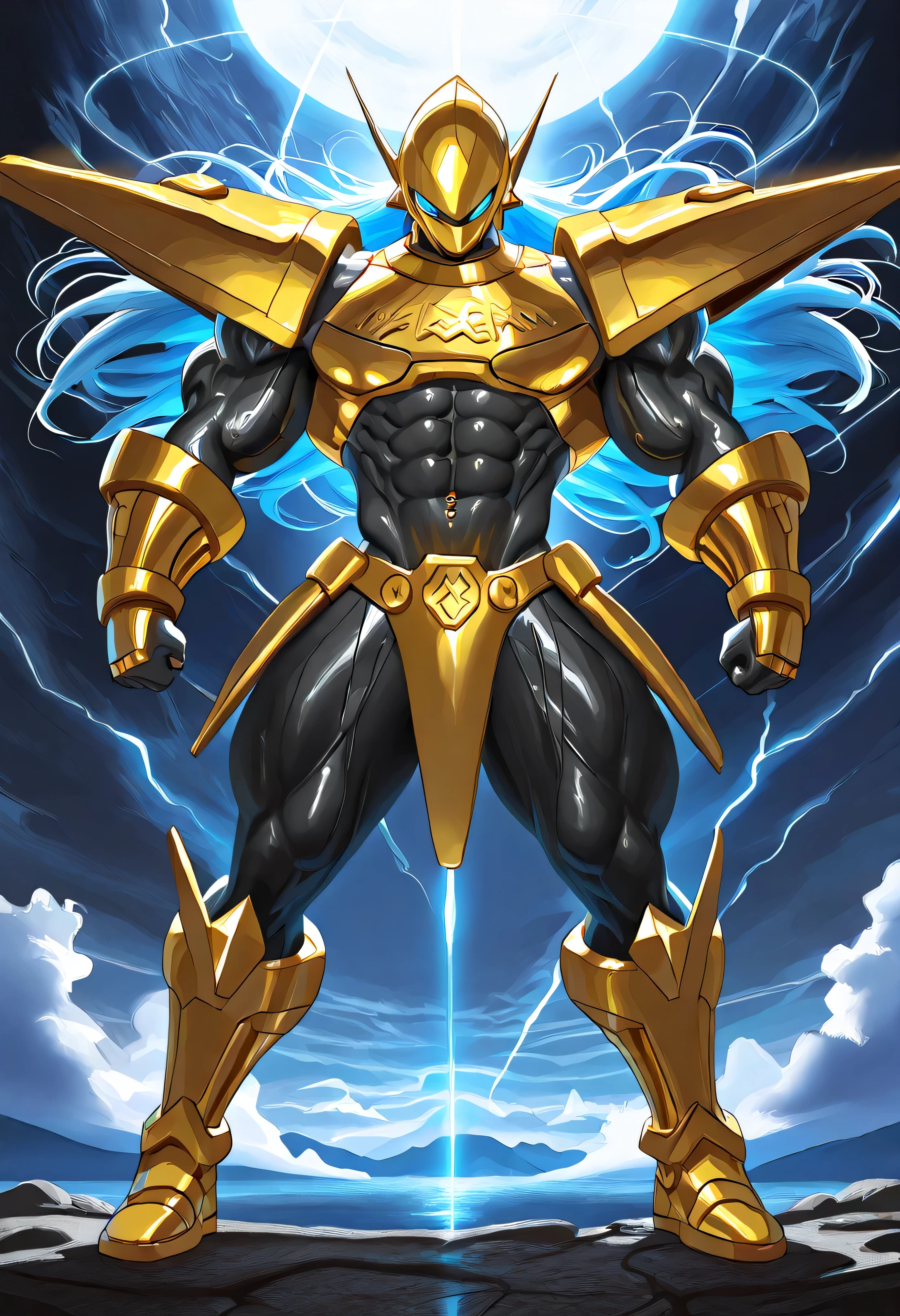 “A powerful female warrior inspired by Magnamon, reimagined with sleek golden chrome armor adapted into a stylized battle bikini—highlighting her hyper-muscular physique, with deeply defined abs, large biceps, and heroic proportions. Her skin has a warm glow from reflected light, contrasting with the metallic shimmer of her armor. She stands confidently on a rocky cliffside overlooking a vast futuristic landscape—distant alien mountains, stormy skies with shafts of sunlight piercing through. Her long silver-blue hair flows dramatically in the wind. Magical energy pulses from runes beneath her feet. Full-body view, cinematic lighting, ultra-detailed skin and armor textures, painterly style inspired by Sakimichan and Artgerm.”