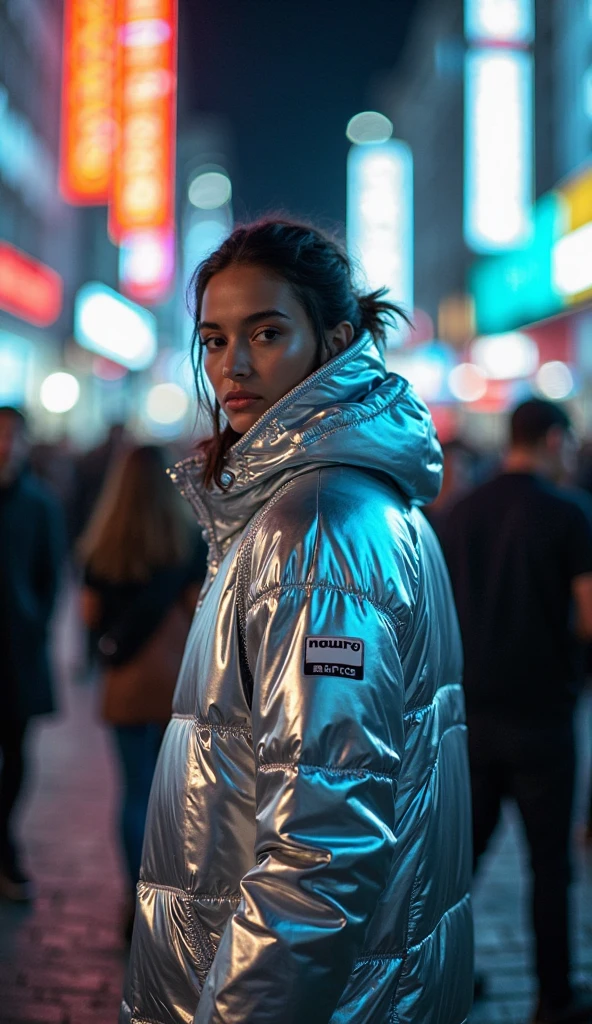 Top Quality, Masterpiece, High Resolution, 8k, wide objective, full body shot, ((skinny cute girl, barely legal, age 14, (oversized silky see-through puffer jacket with plunging Neckline, off-shoulder, short sleeves), mediumperky breasts, extremely detailed face, detailed eyes, thin eyebrow, detailed lips, no makeup, long slick ponytail side shaved hair, small hips, (in a spaceship, on a bed), dim light, dramatic and neon colors, futuristic setting, intricate details, at night, random pose, random neon colors))