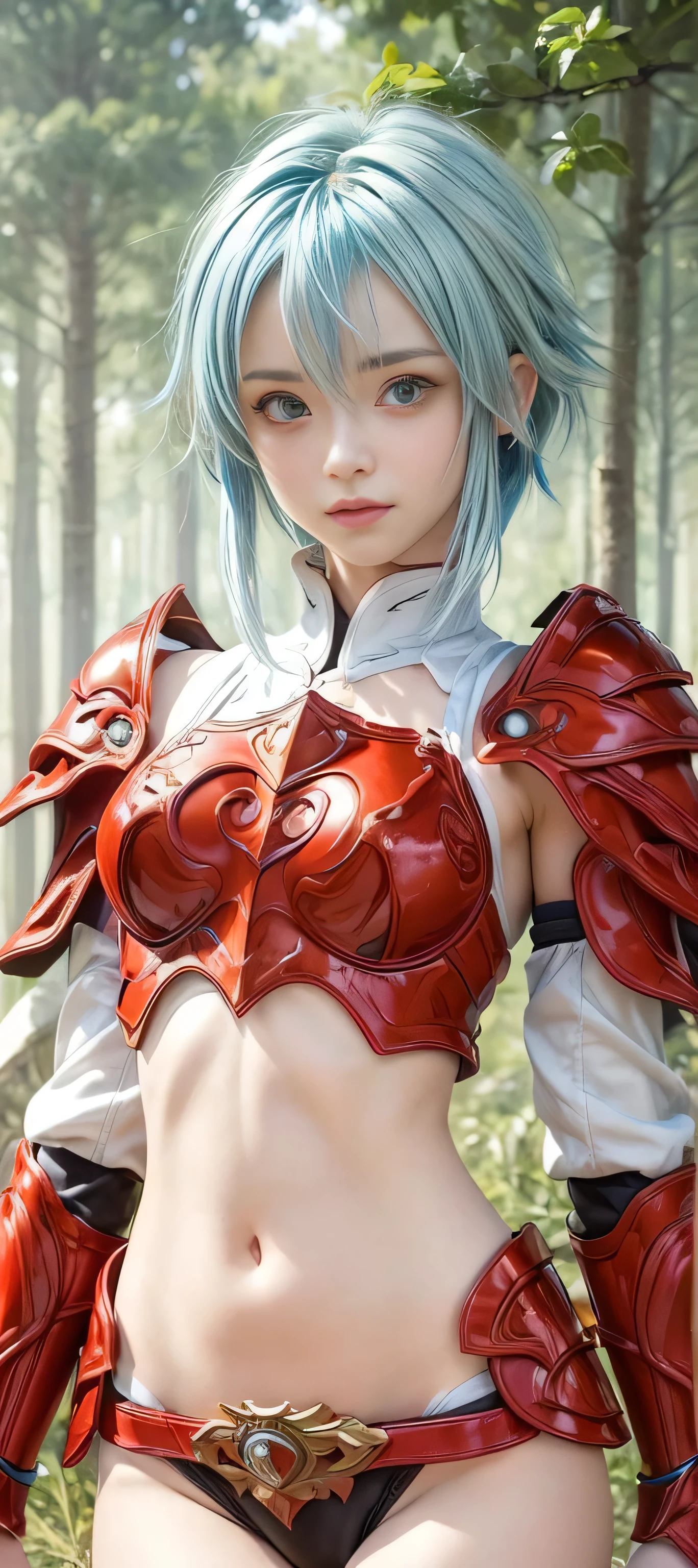 masterpiece, best quality, (realistic,photo-realistic:1.4), (RAW photo:1.2), extremely detailed CG unity 8k wallpaper, delicate and beautiful, amazing,finely detail, official art, absurdres, incredibly absurdres, huge filesize, ultra-detailed,extremely detailed eyes and face,light on face,sinon,(little smile),(blue hair:1.4),(very short hair:1.5),sidelocks,forest background,(god cloth:1.5) ,(sidelocks:1.4),(red armor:1.5)