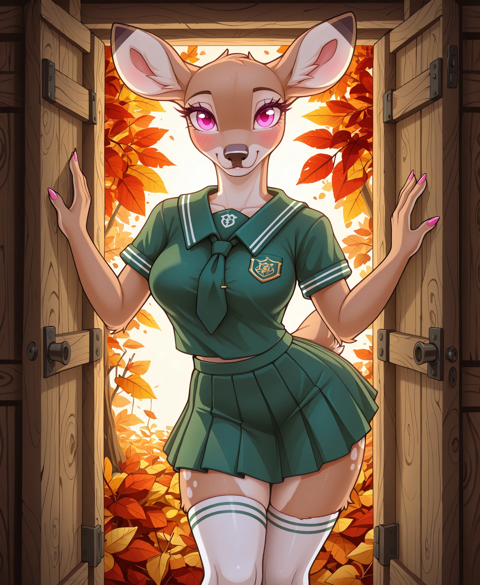 (Masterpiece, better quality, very aesthetic, extremely high resolution, colorfull, Sloimu, Loimu, Loimu the Deer, Furry, Anthro, Deer Girl, Deer Ears, Deer Tail, Deer Feet, Pink Eyes, Large Ears, Eye Lashes, Blush, Pink Nails, School Uniform, Green Tie, Green Collar Shirt, Skirt, Pleated Skirt, Short Sleeves, Long Socks, lighting shaded, fur light, sexy pose, hinting at the breasts, looking at viewer, open sexy smile. inside barn in autumn, day background (at day), very detailed, strong attention to detail, detailed fur texture, detailed face, detailed, detailed muzzle, detailed smile