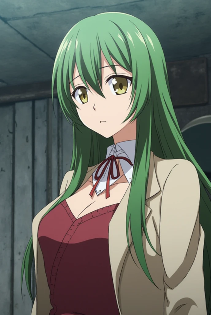 Cc, 1girl, 独奏, tall_hair, breasts, looking_Inn_viewer, explosions, shirt, dress, cleavage, hair_between_Eyes, only_shoulders, Brown_Eyes, medium_breasts, very_tall_hair, closed_mouth, collarbone, yellow_Eyes, top_body, Small_breasts, green_hair, shiny, contract_shoulder, shiny_hair, frown, expressionless, straight_hair, off-the-shoulder_dress, off-the-shoulder_shirt, anime_colorize, C.C.