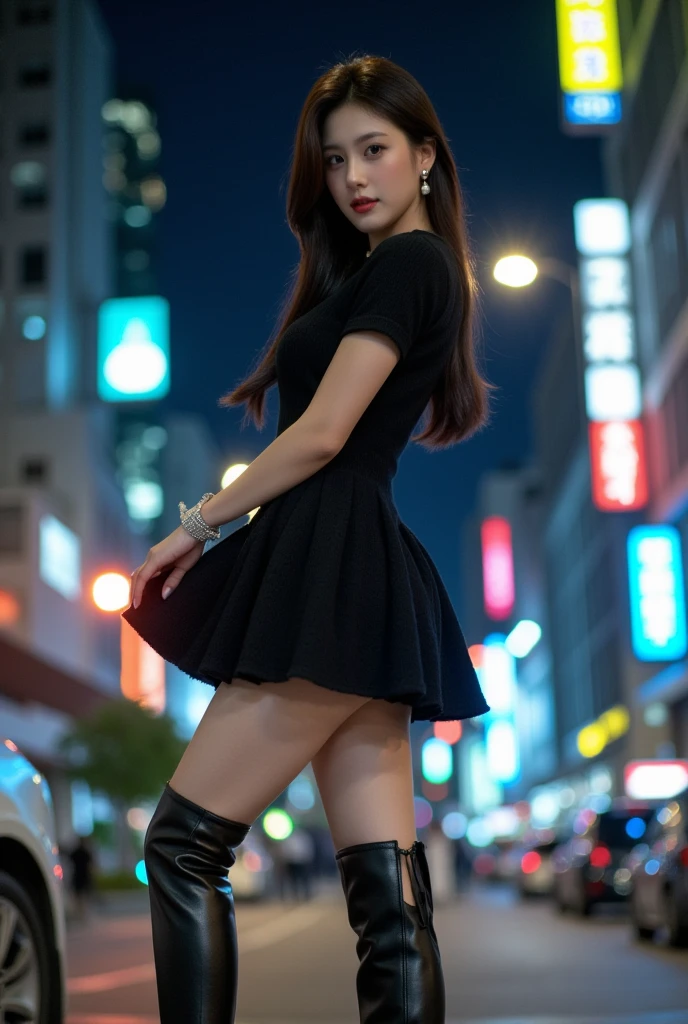 Roadside、Leather shorts、Riders jacket on bare skin、Ultra HD、Realistic photos、Japanese beauty、8 heads、Toned body、Knee-high boots、Night、Beautiful ass