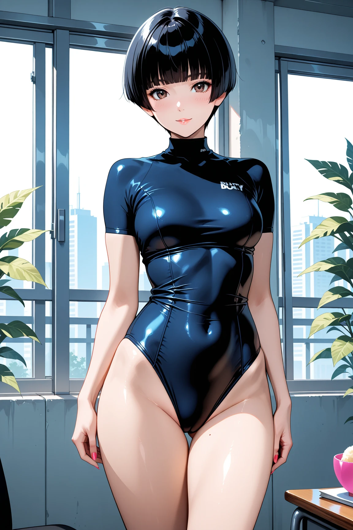 Girl with a dark blue bob haircut and brown eyes in black underwear, small breasts, visible ass, detailed, high quality