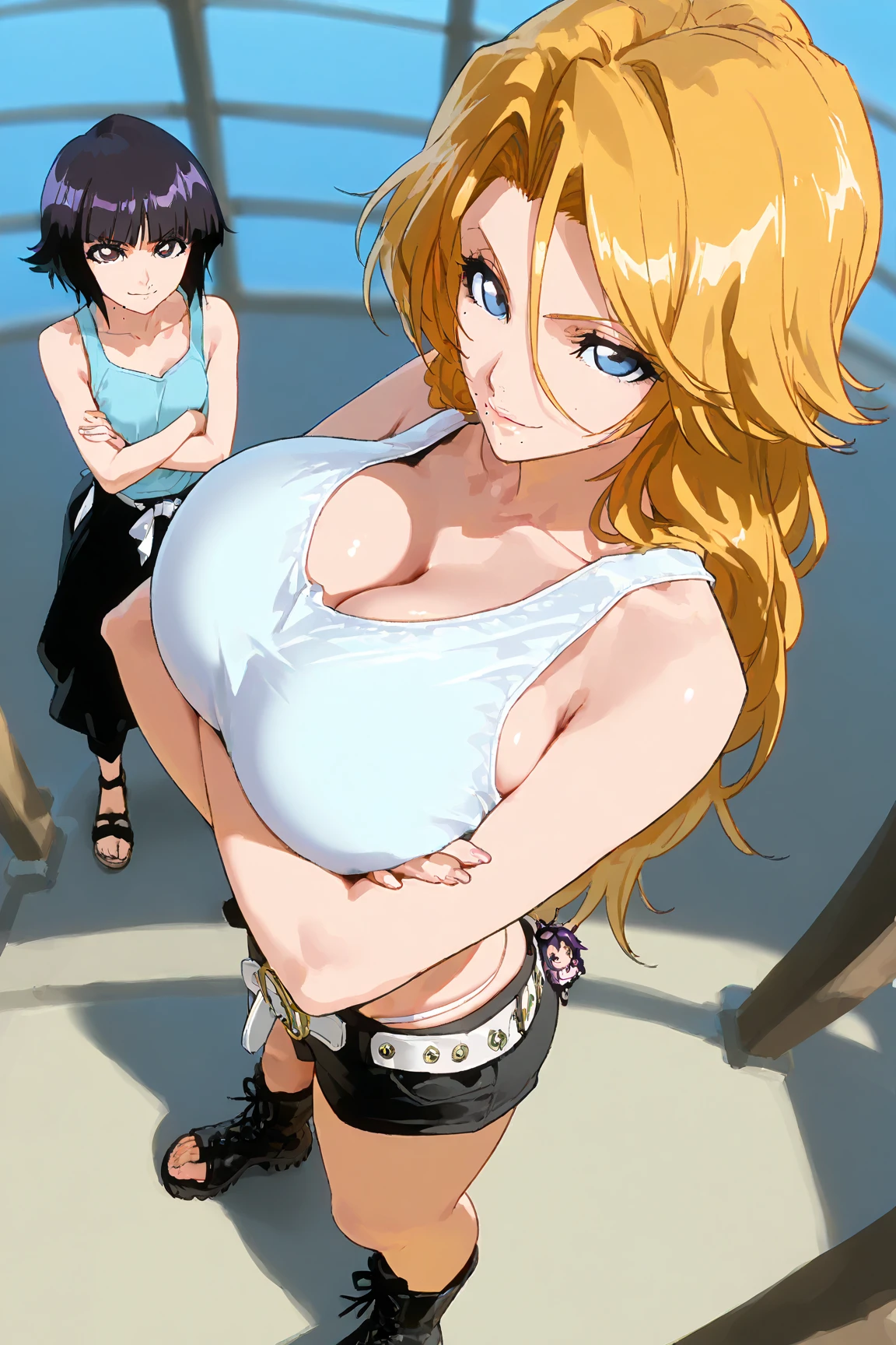 best quality, (masterpiece),(ultra-detailed), (high quality), (high resolution), (3heads:1.5) ((blonde long hair)), ((identical hair color)), black eyes, ((three headed woman)) ((huge breasts)), ((d-cup breasts)), cleavage, ,best quality:1.5, highres, UHD, 4K),, ((blue play suit)), ((exposed midriff)), sexy proportions,bedroom, thighs, Beautiful girl with accentuated slender abs