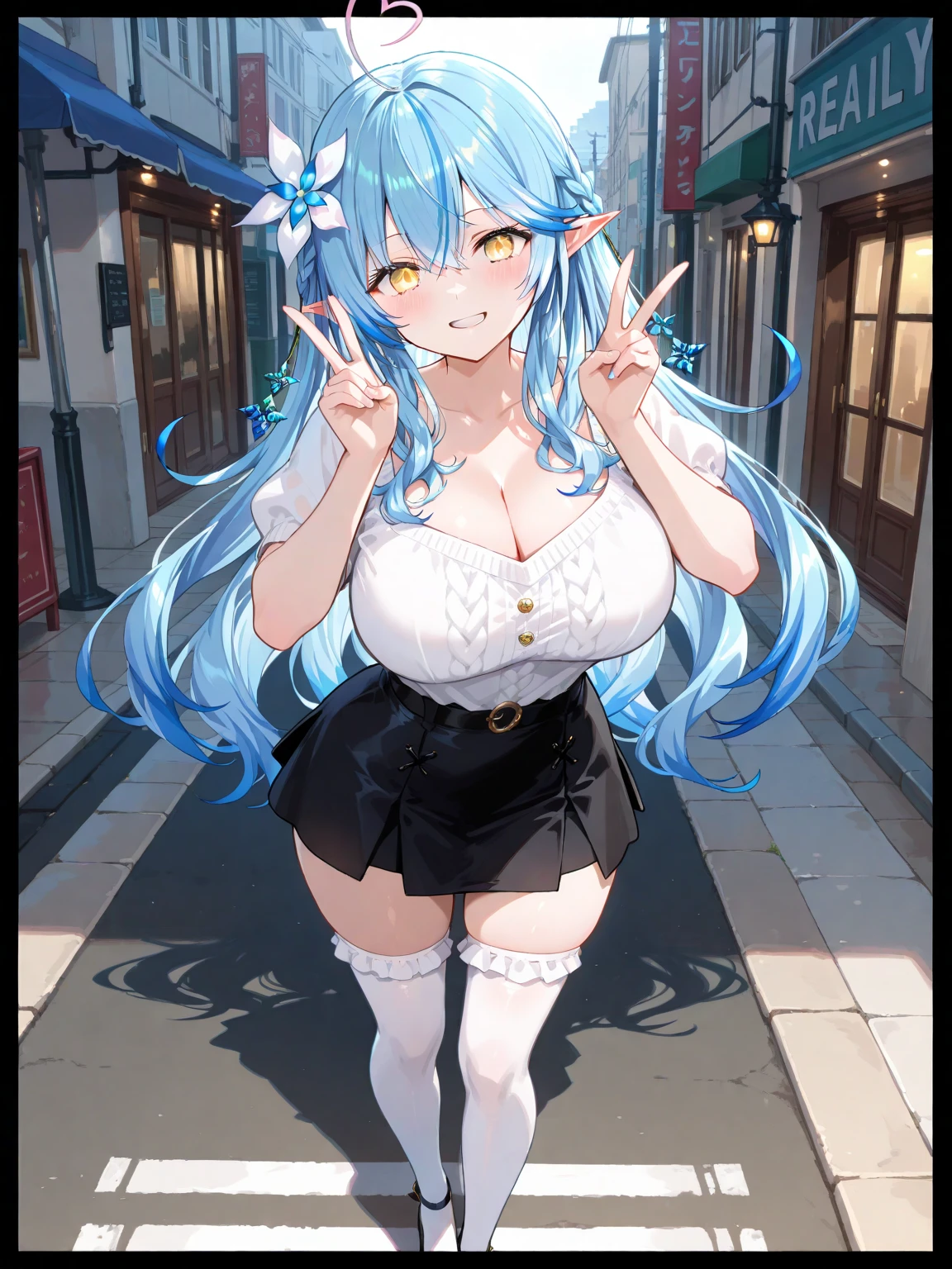 masterpiece, best quality, 1girl, Sona \(league of legends\), blue hair, blue eyes, gradient hair, collarbone, twintails, hair ornament, long hair, city, street, (casual clothes)