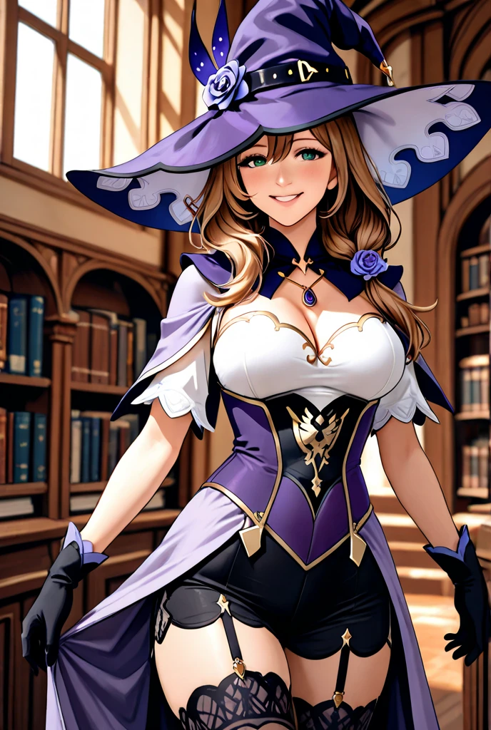 a young girl standing in a library, her hand on her chest, 1girl, beautiful detailed eyes, witch hat ,beautiful detailed lips, extremely detailed face, long eyelashes, intricate details, serene expression, natural lighting, warm color tones, (best quality,4k,8k,highres,masterpiece:1.2),ultra-detailed,(realistic,photorealistic,photo-realistic:1.37),HDR, UHD, studio lighting, ultra-fine painting, sharp focus ,physically-based rendering, extreme detail description ,professional ,vivid colors ,bokeh, portraits