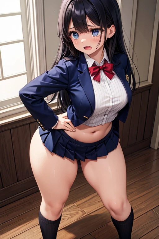 1girl in, Parted lips, blush, makeup, lightsmile, School uniform, Full body, Wide Angle, From  above, crass room, llight rays, Glow, thighs thighs thighs thighs, 鎖骨, Narrow waist, (masutepiece), Wallpaper,Wet body、Micro lingerie that can be seen even over clothes