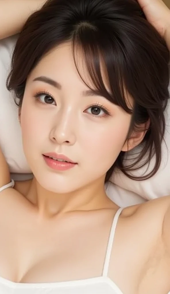 Female in her 30s、One bun hair, Face without makeup, silky white skin, masturbation, orgasm