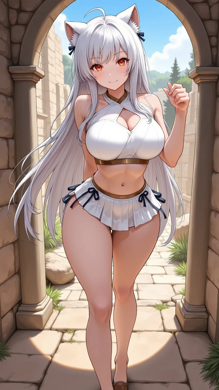 ((masterpiece, best quality)), insaneres, absurdres, solo, outdoors,
ANI_CLASSIC_pirotess_ownwaifu, www.ownwaifu.com,
long hair, pointy ears, elf, dark skin, dark-skinned female, dark elf, breasts, white hair, circlet, large breasts, very long hair, yellow eyes, lips, armlet, long pointy ears, lipstick, makeup, bangs, nose, earrings, toned, silver hair, hair over one eye, forehead jewel, necklace,
cleavage, white gloves, thighhighs, white legwear, armor, elbow gloves, no bra, breasts apart, belt, center opening, open clothes, short dress, white thighhighs, white dress, thighs,
narrow waist, sheathed,
(contrapposto, looking back)<lora:ANI_CLASSIC_pirotess_ownwaifu-15:0.75>,
lens flare, depth of field, bokeh, embers, vanishing point, looking at viewer,