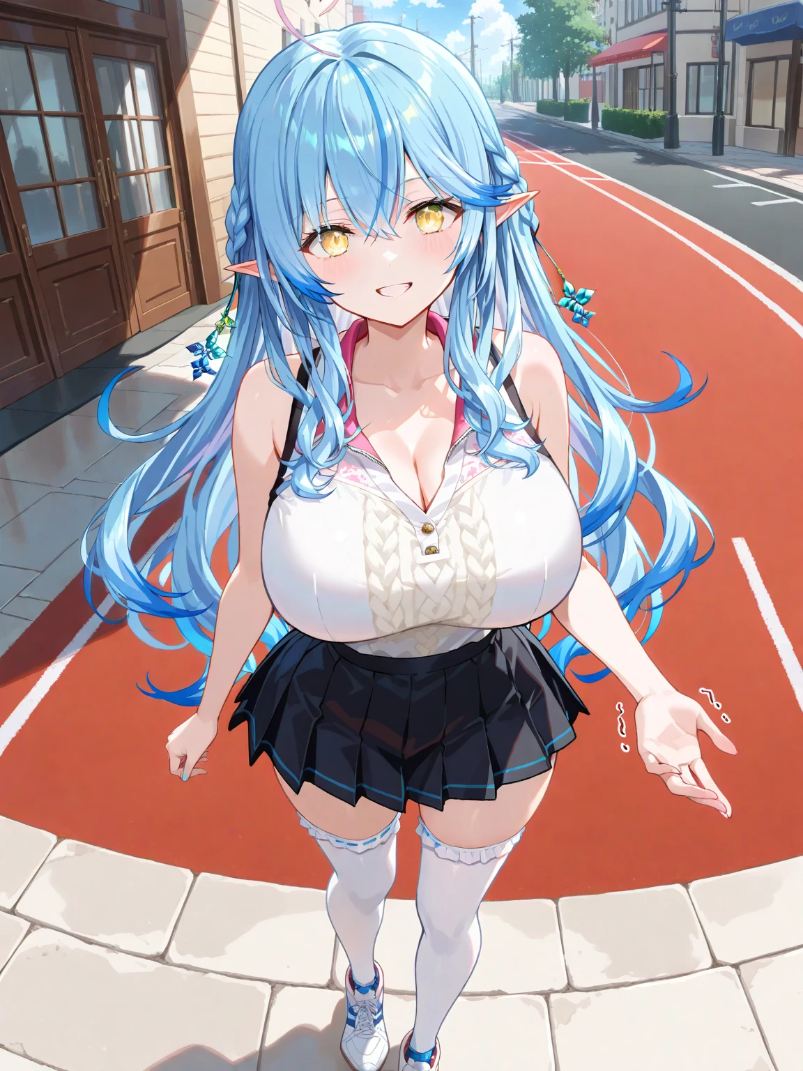 Hentai、High resolution、smile、Pretty Cure、Bradamante、A blue-haired, chubby, big-breasted magical girl spreads her legs at an amusement park on the roof of a high-rise building、A lewd dress for a magical girl with frills、Perfect proportions、Cowboy Shot、Belly button、Fatty thick legs、Sweaty、Clear eyes