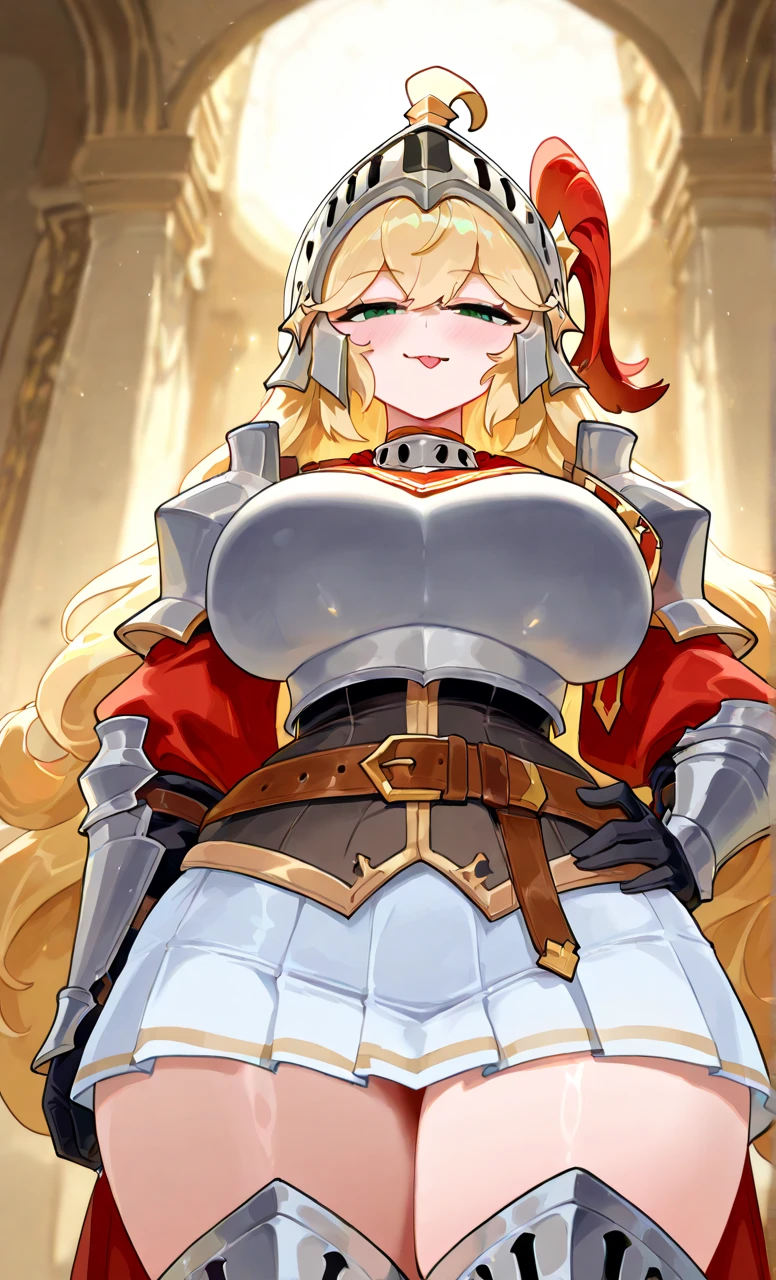 Perfect human body modeling, 1girl, pretty face, blunt bangs, Long hair, drill hair, twin drills, blonde hair, shiny hair, glow eyes, jitome, brown eyes, tsurime, white skin, huge breasts, Short body, Western-style fantasy, RPG, Rocky mountains, desert, Red cape, Golden knight, Golden large sword, 