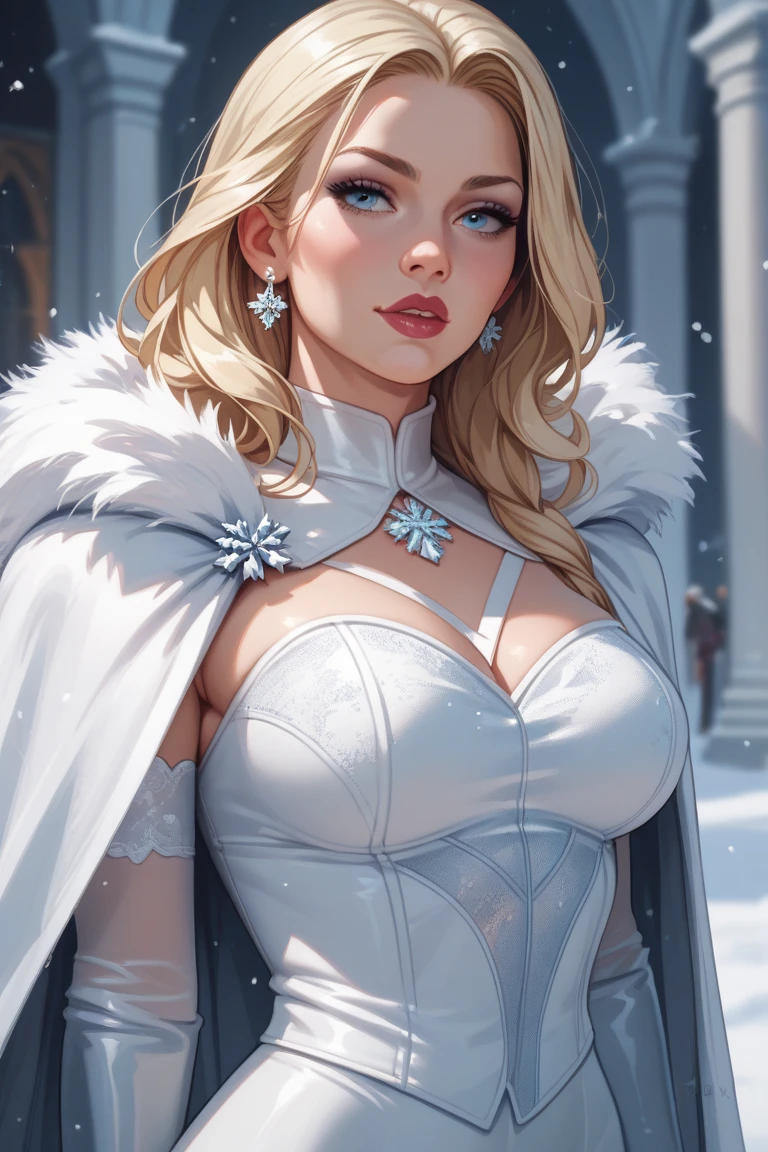 (best quality, masterpiece:1.2), perfect face, perfect nose, detailed hair, detailed eyes, detailed lips, cowboy shot, realistic colors, studio lightning, (blonde hair, blue eyes, glowing eyes), small mouth, looking at viewer, smirk, confident pose, ((white cloak, whote robe, white mantle, mage)), cleavage, mage tower, sfw, (30-years-old), emma frost, big breast, mature woman