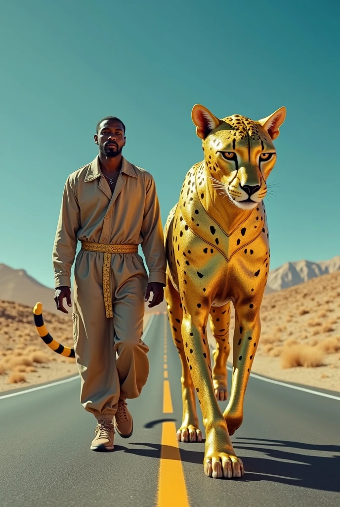 A handsome man with a slim shirtless white skin in the desert with two leopards