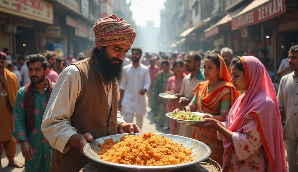 A sikh man distributed food to people