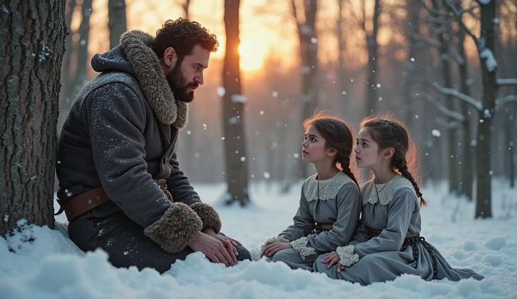A couple without hugging, The man is dressed in black, a little robust, he is with his back turned and the woman has short, loose, light brown hair wearing a white country dress with straps looking at the dark-haired baby in the arms of the man wearing a blue dress and a white brooch, on a balcony overlooking a landscape of snowy mountains
