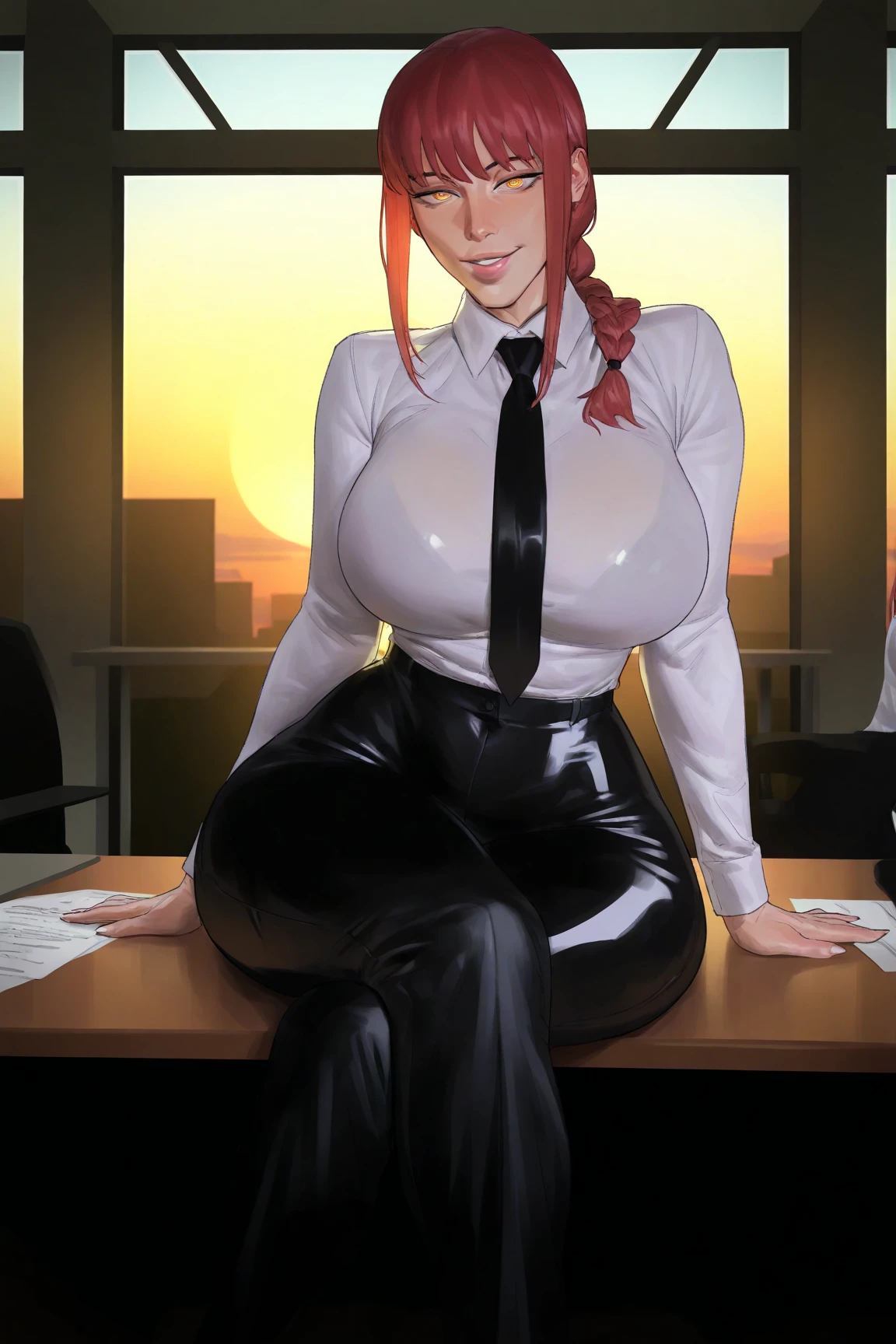 Sara Bellum of the caricature "Powerpuff Girls", red office clothes, pantyhose torn to hips,  bare breasts, in an office at night, her hair covers her face, pov cowgirl. 