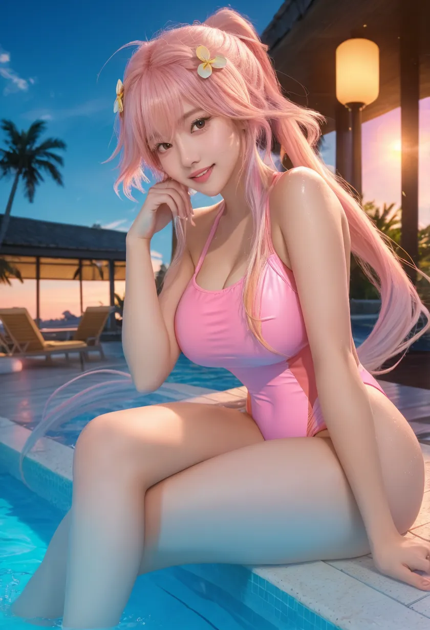 long purple hair and pink swimsuit,full body image anime girl, Anime Girl, Marin-chan(Anime Girl), anime moe art style, Anime style, Anime Best Girl, art by, Anime Girl, Cute anime manga style, Anime Art Style, cute anime girl idol singer, Blue sky,