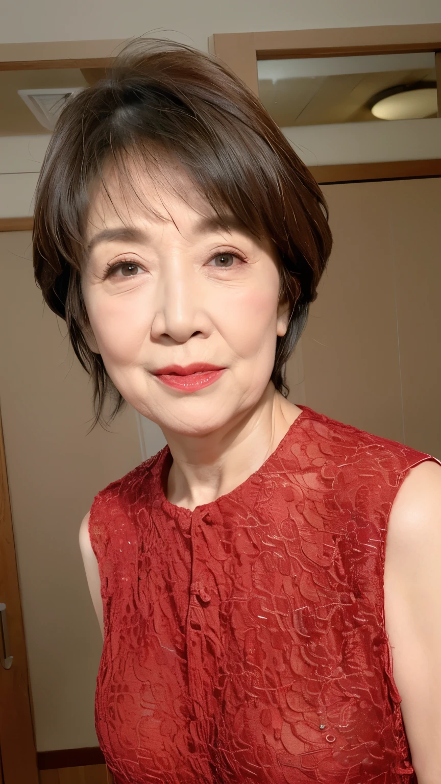Masterpiece, Beautiful finish, Beautiful mature woman、65-year-old woman、Selfie, Face close-up,Long face, Red lips, Thin lips, Satin dress, Light from the front,