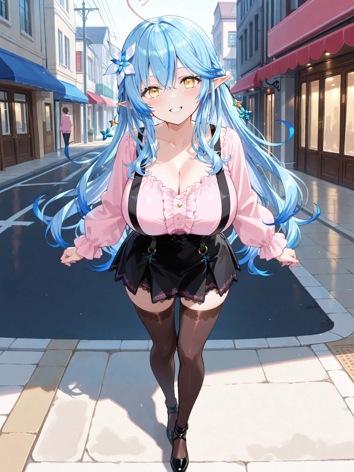NSFW,Turtleneck sweater,Sleeveless,Sideboob,Shorts,Fishnet tights,(Perfect hands),(Perfect Anatomy),(masterpiece),(highest quality),Embarrassed,blush,In town,looking at the camera