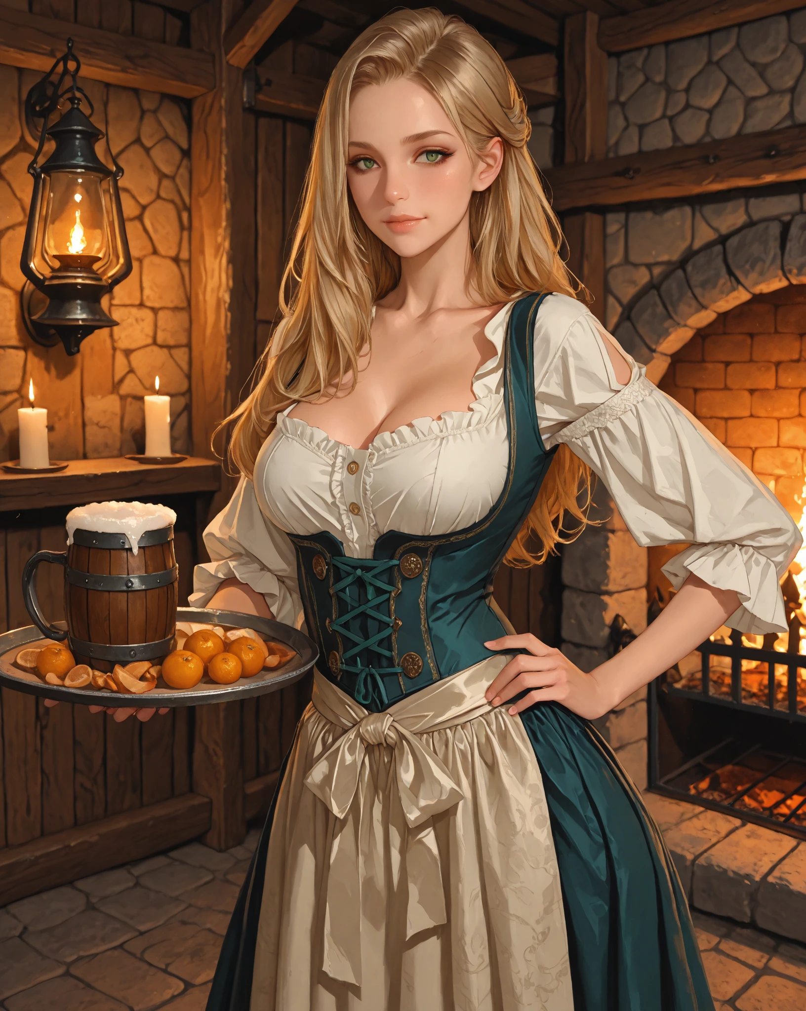 Blonde medieval fantasy minstrel with green eyes, charming smile, in a tavern