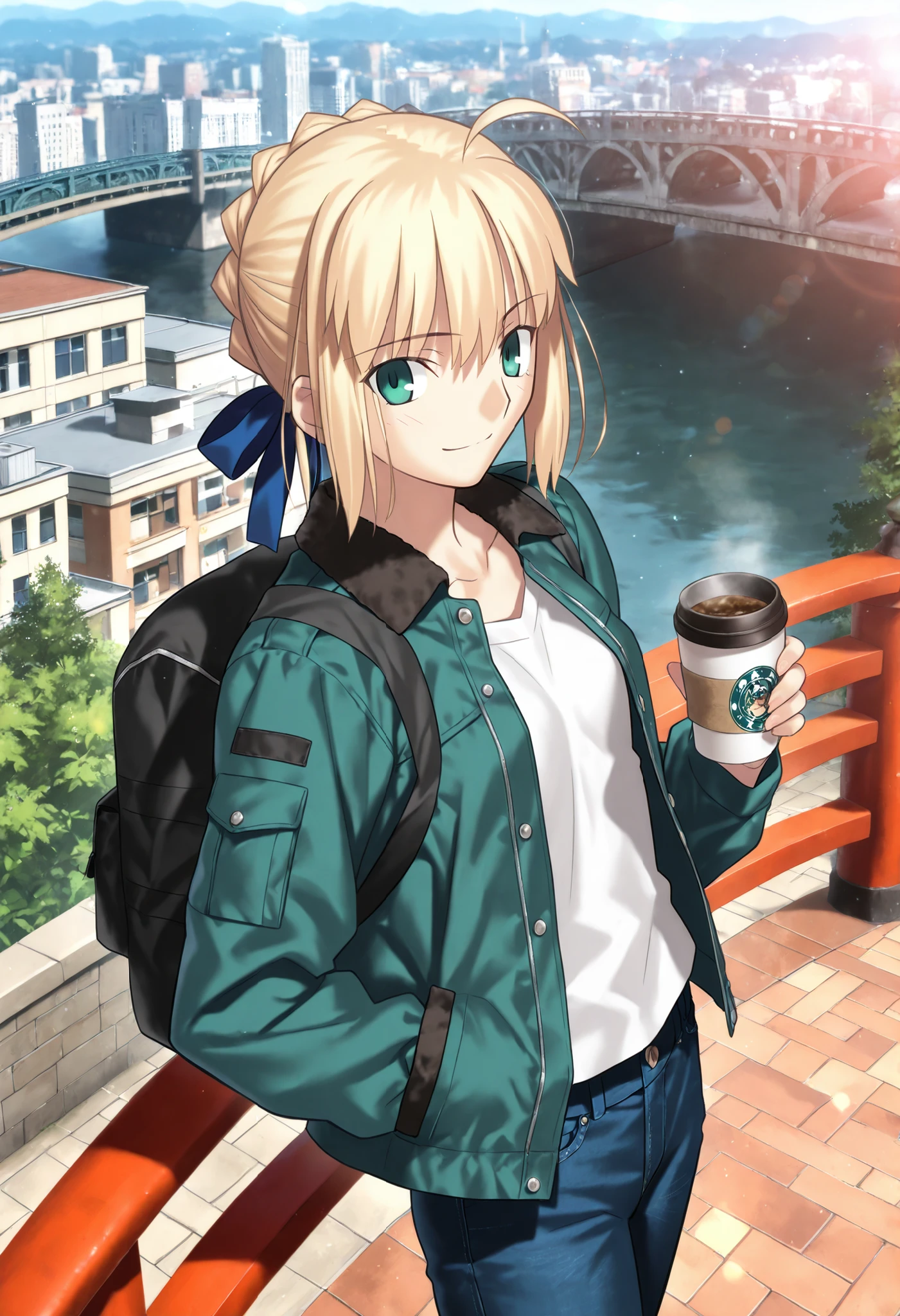 masterpiece, , absurdres, highres, detailed background, high resolution, masterpiece, necessary, detail, best quality, quality, necessary, details, High details, Precise, 8k outdoors, (bridge, city, colorful light particles, powder light,), day lens flare, blurry background,(from above, from side),
1girl, Takeuchi Takashi (type-moon,tsukihime) style, takeuchi takashi style, (aged up),(rucksack, ),(astonished), closed mouth, ,(),
girl, (slender body, slim arms, slim bod),girl, artoria pendragon, saber (fate) ,blonde hair ,green eyes, ,ahige ,hair ribbon ,blue ribbon ,short hair ,sidelocks ,frenched braid, (open Field jacket, denim,), (small breasts),(looking at viewer), ,very light smile, drinking coffee , ,