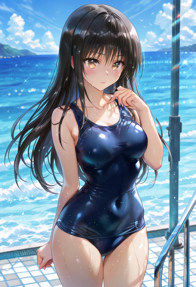 A Japanese beauty with a delicate and beautiful face, large eyes, and clear black straight hair, wearing a white bathing suit, standing by the pool. A gentle warm light surrounds the beautiful woman. The background is filled with soft out-of-focus sunlight and the splashing water creates a dreamy, alluring atmosphere. Glowing sweat surrounds the beautiful woman, adding to the bright atmosphere. 20 years old